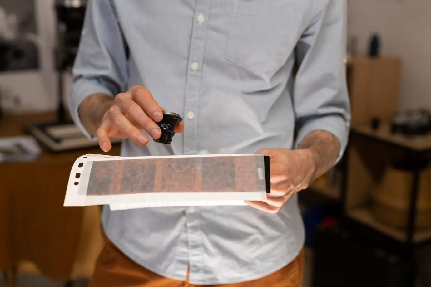 Вид сверху на мужчину, работающего в тёмной комнате.