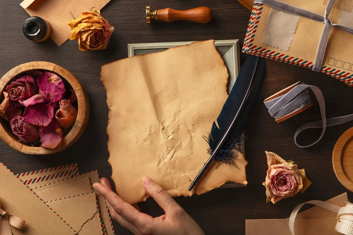 Вид сверху: рука держит любовное письмо.